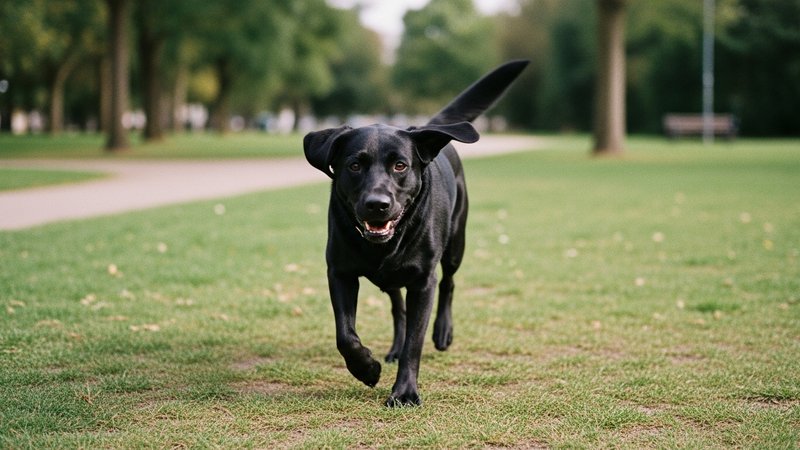 A dog running back toward its owner across an open field